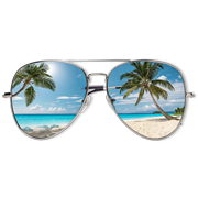 Pair of sunglasses with a tropical beach holiday reflection