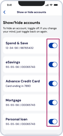 Toggle on/off accounts to show or hide, then tap ‘Save Changes’