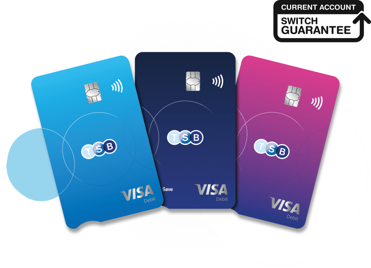 Three TSB branded bank cards with a Current Account Switch Guarantee logo