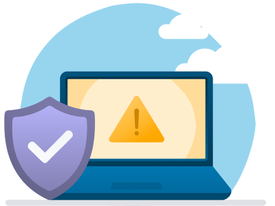 Laptop with warning icon and shield illustration