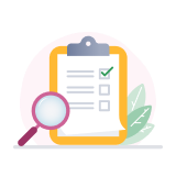 Pink magnifying glass next to a clipboard