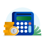  Stack of coins next to a blue calculator