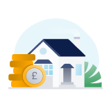  Stack of coins next to a white house with a dark blue roof