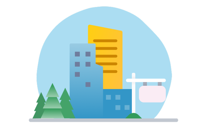 Buildings, tree and for sale sign